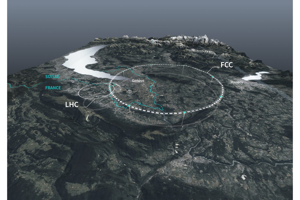 Planned layout of the FCC Collider Ring near Geneva in relation to the LHC Ring